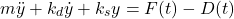 \begin{align*}m\ddot{y}+k_{d}\dot{y}+k_{s}y=F(t)-D(t)\end{align*}