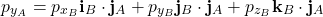 \begin{align*}p_{y_{A}} =p_{x_{B}} \mathbf{i}_{B}\cdot \mathbf{j}_{A}+p_{y_{B}} \mathbf{j}_{B}\cdot \mathbf{j}_{A}+p_{z_{B}}\mathbf{k}_{B}\cdot \mathbf{j}_{A}\end{align*}