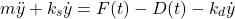 \begin{align*}m\ddot{y}+k_{s}\dot{y}=F(t)-D(t)-k_{d}\dot{y}\end{align*}