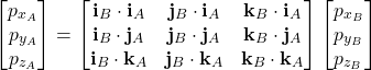 \begin{align*}\begin{bmatrix}p_{x_{A}} \\p_{y_{A}} \\p_{z_{A}} \end{bmatrix} =\begin{bmatrix}  \mathbf{i}_{B}\cdot \mathbf{i}_{A} & \mathbf{j}_{B}\cdot \mathbf{i}_{A} & \mathbf{k}_{B}\cdot \mathbf{i}_{A} \\ \mathbf{i}_{B}\cdot \mathbf{j}_{A} & \mathbf{j}_{B}\cdot \mathbf{j}_{A} & \mathbf{k}_{B}\cdot \mathbf{j}_{A} \\  \mathbf{i}_{B}\cdot \mathbf{k}_{A} & \mathbf{j}_{B}\cdot \mathbf{k}_{A} & \mathbf{k}_{B}\cdot \mathbf{k}_{A}\end{bmatrix}\begin{bmatrix} p_{x_{B}} \\ p_{y_{B}}  \\ p_{z_{B}} \end{bmatrix}\end{align*}