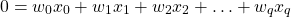 \begin{align*}0=w_{0}x_{0}+w_{1}x_{1}+w_{2}x_{2}+\ldots +w_{q}x_{q}\end{align*}