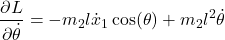 \begin{align*}\frac{\partial L}{\partial \dot{\theta}}=-m_{2}l\dot{x}_{1}\cos(\theta)+m_{2}l^{2}\dot{\theta}\end{align*}