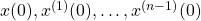 x(0), x^{(1)}(0),\ldots,x^{(n-1)}(0)