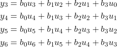 \begin{align*}y_{3} & =b_{0}u_{3}+b_{1}u_{2}+b_{2}u_{1}+b_{3}u_{0} \\y_{4} & =b_{0}u_{4}+b_{1}u_{3}+b_{2}u_{2}+b_{3}u_{1} \\y_{5} & =b_{0}u_{5}+b_{1}u_{4}+b_{2}u_{3}+b_{3}u_{2} \\y_{6} & =b_{0}u_{6}+b_{1}u_{5}+b_{2}u_{4}+b_{3}u_{3} \end{align*}