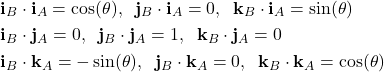 \begin{align*}& \mathbf{i}_{B}\cdot \mathbf{i}_{A}= \cos(\theta) ,\;\; \mathbf{j}_{B}\cdot \mathbf{i}_{A}= 0 ,\;\; \mathbf{k}_{B}\cdot \mathbf{i}_{A} =\sin(\theta) \\& \mathbf{i}_{B}\cdot \mathbf{j}_{A}= 0 ,\;\; \mathbf{j}_{B}\cdot \mathbf{j}_{A}= 1 ,\;\; \mathbf{k}_{B}\cdot \mathbf{j}_{A} = 0  \\& \mathbf{i}_{B}\cdot \mathbf{k}_{A}= -\sin(\theta)  ,\;\; \mathbf{j}_{B}\cdot \mathbf{k}_{A} =0  ,\;\; \mathbf{k}_{B}\cdot \mathbf{k}_{A} = \cos(\theta)\end{align*}