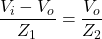 \begin{align*}\frac{V_{i}-V_{o}}{Z_{1}}=\frac{V_{o}}{Z_{2}}\end{align*}