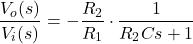 \begin{align*}\frac{V_{o}(s)}{V_{i}(s)}=-\frac{R_{2}}{R_{1}}\cdot \frac{1}{R_{2}Cs+1}\end{align*}