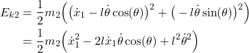 \begin{align*}E_{k2} & = \frac{1}{2}m_{2}\Big( \big(\dot{x}_{1}-l\dot{\theta}\cos(\theta)  \big)^{2}+\big( -l\dot{\theta}\sin(\theta) \big)^{2} \Big) \\&=\frac{1}{2}m_{2}\Big( \dot{x}_{1}^{2}-2l\dot{x}_{1}\dot{\theta}\cos(\theta)+l^{2}\dot{\theta}^{2}\Big) \end{align*}