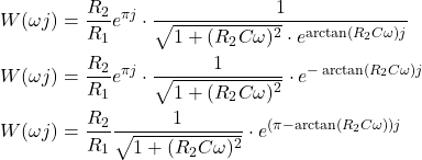 \begin{align*}W(\omega j) & =\frac{R_{2}}{R_{1}}e^{\pi j}\cdot \frac{1}{\sqrt{1+(R_{2}C\omega)^2}\cdot e^{\arctan(R_{2}C\omega)j}} \\W(\omega j) & =\frac{R_{2}}{R_{1}}e^{\pi j}\cdot \frac{1}{\sqrt{1+(R_{2}C\omega)^2}}\cdot e^{-\arctan(R_{2}C\omega)j} \\W(\omega j) & =\frac{R_{2}}{R_{1}}\frac{1}{\sqrt{1+(R_{2}C\omega)^2}}\cdot e^{(\pi - \arctan(R_{2}C\omega))j}\end{align*}