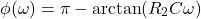 \begin{align*}\phi (\omega)=\pi - \arctan(R_{2}C\omega)\end{align*}