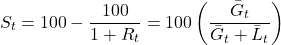 \begin{align*}S_{t} = 100 - \frac{100}{1 + R_{t}} = 100 \left( \frac{\bar{G}_{t}}{\bar{G}_{t} + \bar{L}_{t}} \right)\end{align*}